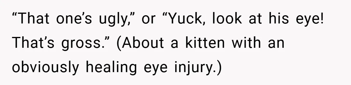 “That one’s ugly,” or “Yuck, look at his eye! That’s gross.” (About a kitten with an obviously healing eye injury.)