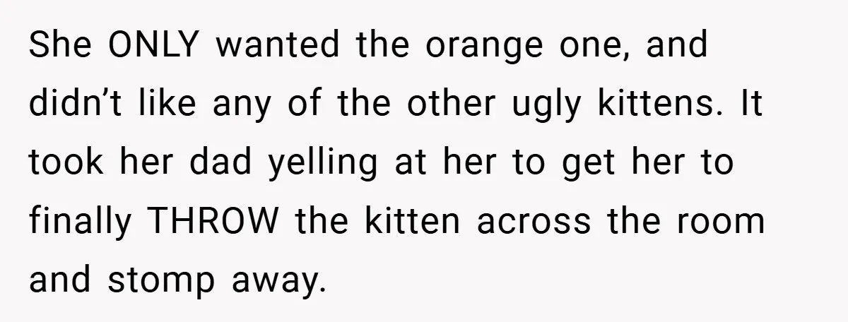 She ONLY wanted the orange one, and didn’t like any of the other ugly kittens. It took her dad yelling at her to get her to finally THROW the kitten...