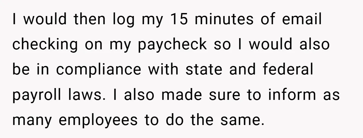 I would then log my 15 minutes of email checking on my paycheck so I would also be in compliance with state and federal payroll laws. I also made sure...