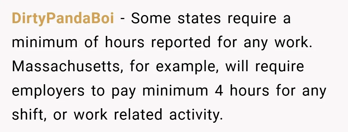 DirtyPandaBoi − Some states require a minimum of hours reported for any work. Massachusetts, for example, will require employers to pay minimum 4 hours for any shift, or work related...