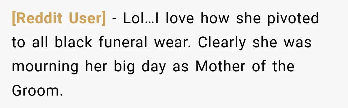 [Reddit User] − Lol…I love how she pivoted to all black funeral wear. Clearly she was mourning her big day as Mother of the Groom.