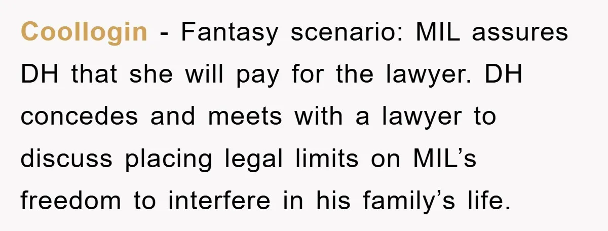 Coollogin − Fantasy scenario: MIL assures DH that she will pay for the lawyer. DH concedes and meets with a lawyer to discuss placing legal limits on MIL’s freedom to...