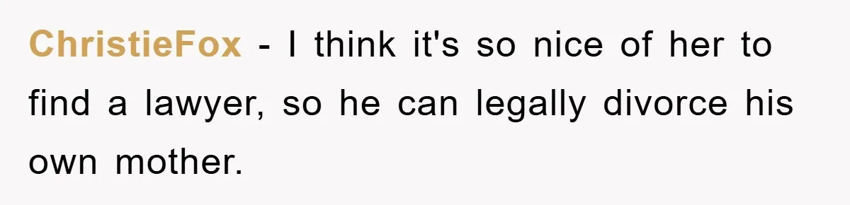ChristieFox − I think it's so nice of her to find a lawyer, so he can legally divorce his own mother.