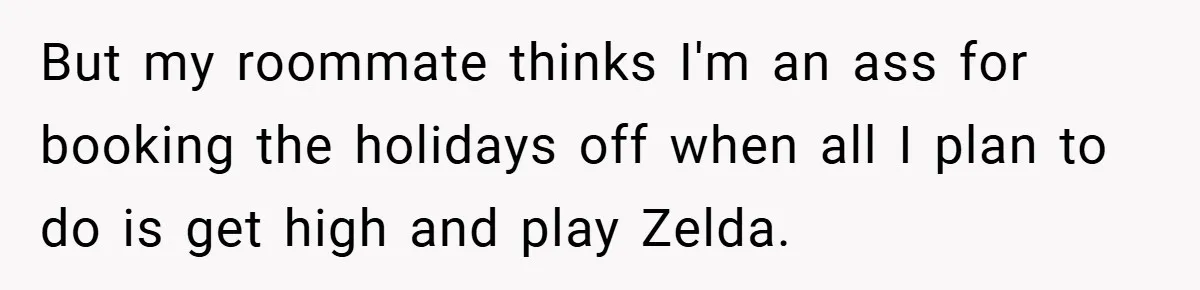 But my roommate thinks I'm an ass for booking the holidays off when all I plan to do is get high and play Zelda.