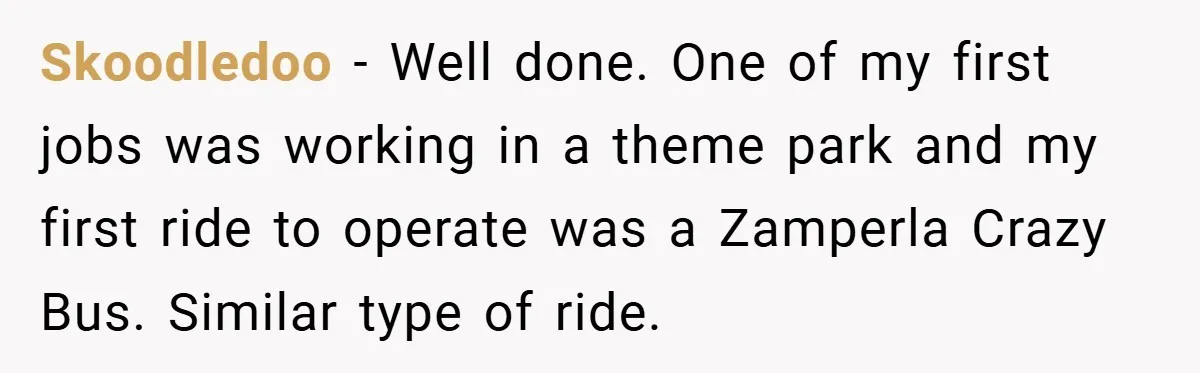 Skoodledoo − Well done. One of my first jobs was working in a theme park and my first ride to operate was a Zamperla Crazy Bus. Similar type of ride.