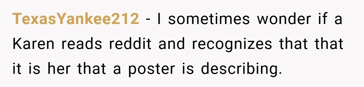 TexasYankee212 − I sometimes wonder if a Karen reads reddit and recognizes that that it is her that a poster is describing.