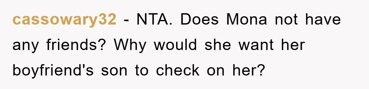 Dad Demands Teen Son Check On Pregnant Girlfriend, A Boundary Battle Erupts cassowary32 − NTA. Does Mona not have any friends? Why would she want her boyfriend's son to check on her?