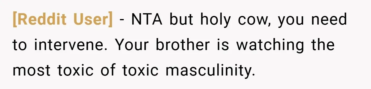 [Reddit User] − NTA but holy cow, you need to intervene. Your brother is watching the most toxic of toxic masculinity.