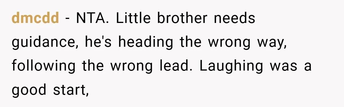 dmcdd − NTA. Little brother needs guidance, he's heading the wrong way, following the wrong lead. Laughing was a good start,