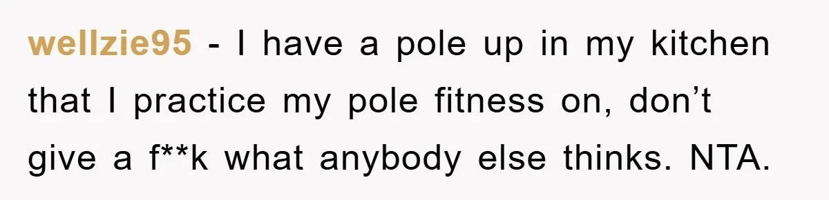 wellzie95 − I have a pole up in my kitchen that I practice my pole fitness on, don’t give a f**k what anybody else thinks. NTA.