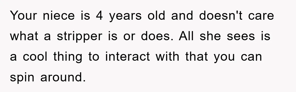 Your niece is 4 years old and doesn't care what a stripper is or does. All she sees is a cool thing to interact with that you can spin around.