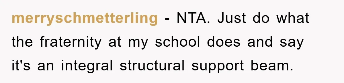 merryschmetterling − NTA. Just do what the fraternity at my school does and say it's an integral structural support beam.