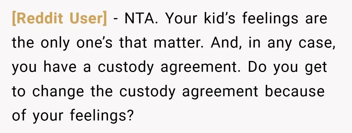 [Reddit User] − NTA. Your kid’s feelings are the only one’s that matter. And, in any case, you have a custody agreement. Do you get to change the custody agreement...