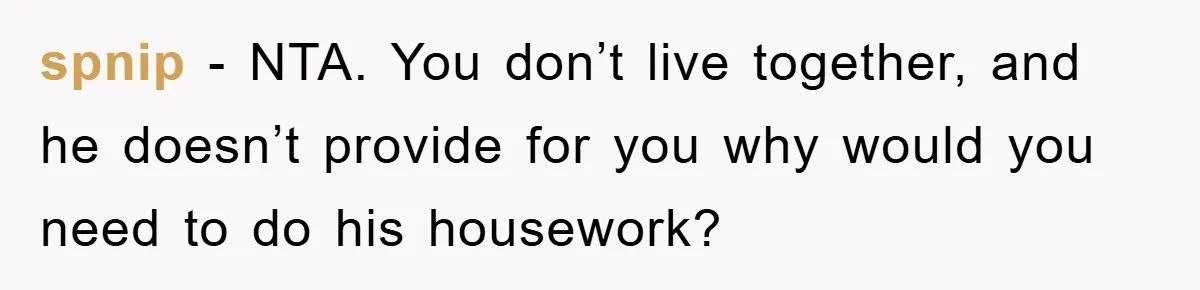 spnip − NTA. You don’t live together, and he doesn’t provide for you why would you need to do his housework?