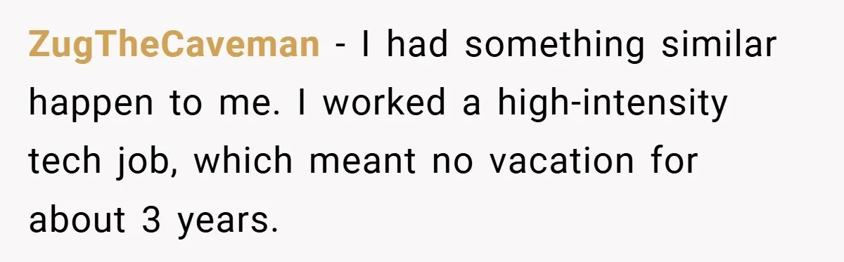 ZugTheCaveman − I had something similar happen to me. I worked a high-intensity tech job, which meant no vacation for about 3 years.