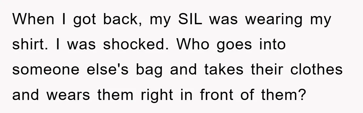 When I got back, my SIL was wearing my shirt. I was shocked. Who goes into someone else's bag and takes their clothes and wears them right in front of...