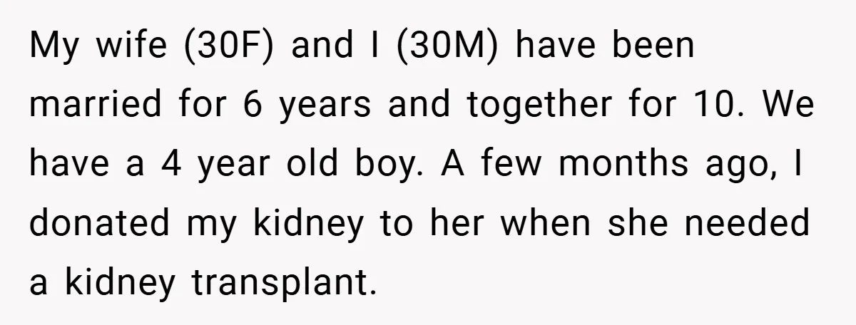 My wife (30F) and I (30M) have been married for 6 years and together for 10. We have a 4 year old boy. A few months ago, I donated my...