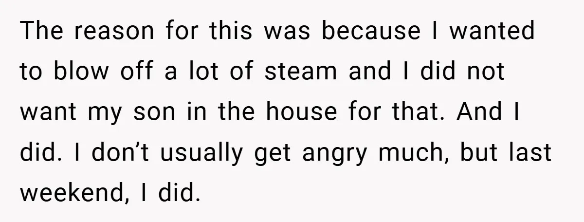 The reason for this was because I wanted to blow off a lot of steam and I did not want my son in the house for that. And I did....