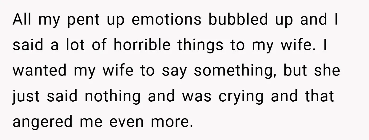 All my pent up emotions bubbled up and I said a lot of horrible things to my wife. I wanted my wife to say something, but she just said nothing...