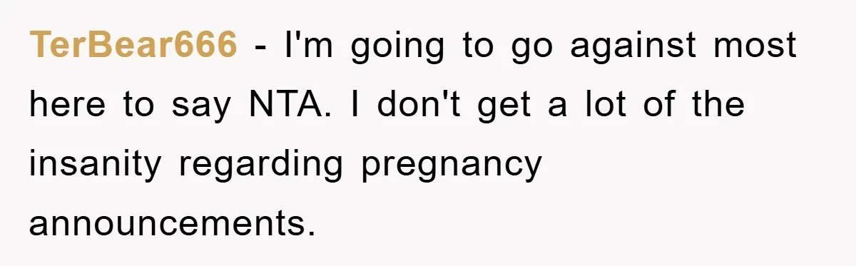TerBear666 − I'm going to go against most here to say NTA. I don't get a lot of the insanity regarding pregnancy announcements.