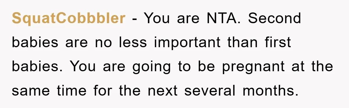 SquatCobbbler − You are NTA. Second babies are no less important than first babies. You are going to be pregnant at the same time for the next several months.