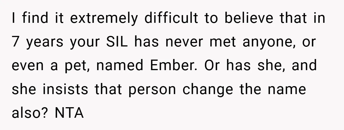 I find it extremely difficult to believe that in 7 years your SIL has never met anyone, or even a pet, named Ember. Or has she, and she insists that...