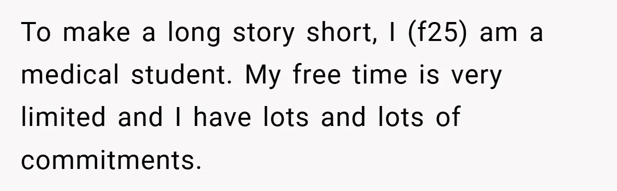 Medical Student Drops Sister’s Kids at Child-Free Wedding After Being Dumped on Last Minute To make a long story short, I (f25) am a medical student. My free time is very limited and I have lots and lots of commitments.