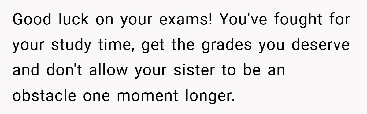 Medical Student Drops Sister’s Kids at Child-Free Wedding After Being Dumped on Last Minute Good luck on your exams! You've fought for your study time, get the grades you deserve and don't allow your sister to be an obstacle one moment longer.