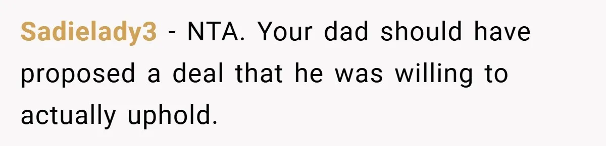 Sadielady3 − NTA. Your dad should have proposed a deal that he was willing to actually uphold.