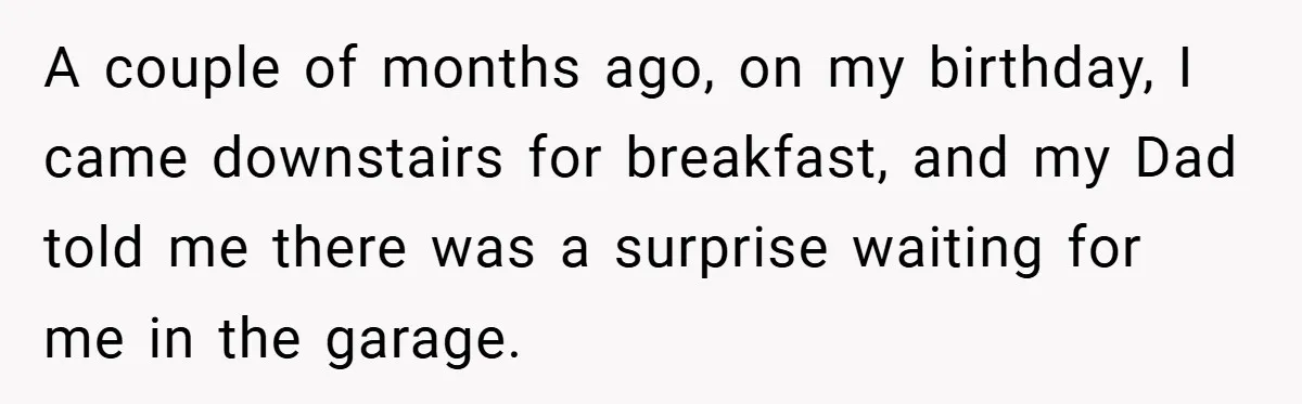 A couple of months ago, on my birthday, I came downstairs for breakfast, and my Dad told me there was a surprise waiting for me in the garage.