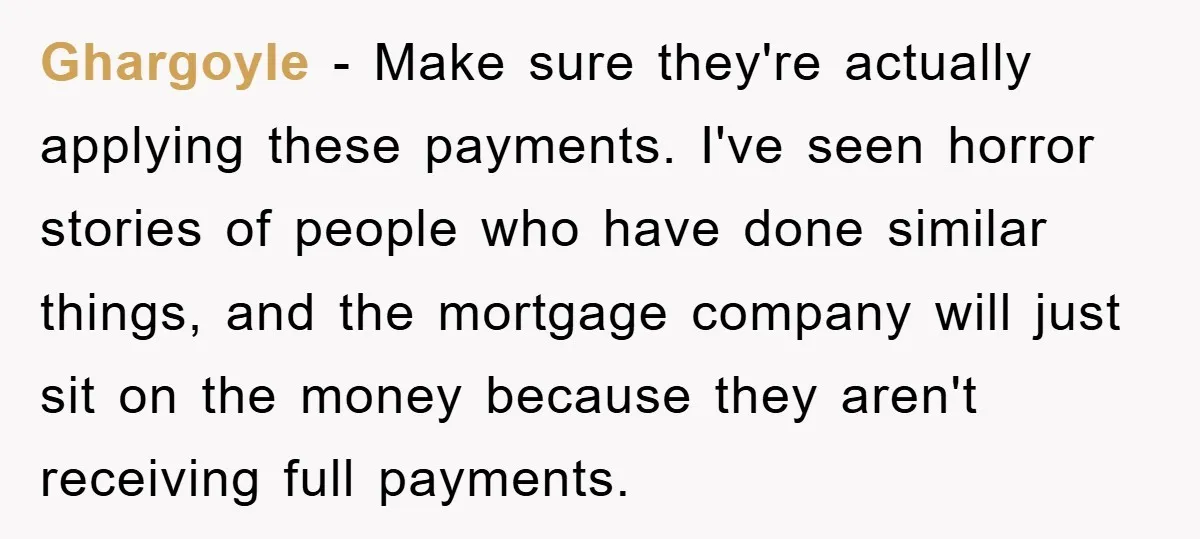 Homeowner Sends Weekly Checks To Dodge Mortgage Company's Online Fee Ghargoyle − Make sure they're actually applying these payments. I've seen horror stories of people who have done similar things, and the mortgage company will just sit on the money...