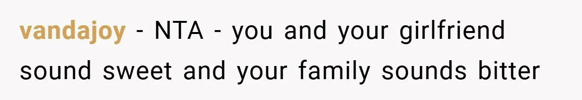 vandajoy − NTA - you and your girlfriend sound sweet and your family sounds bitter