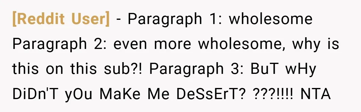 [Reddit User] − Paragraph 1: wholesome Paragraph 2: even more wholesome, why is this on this sub?! Paragraph 3: BuT wHy DiDn'T yOu MaKe Me DeSsErT? ???!!!! NTA