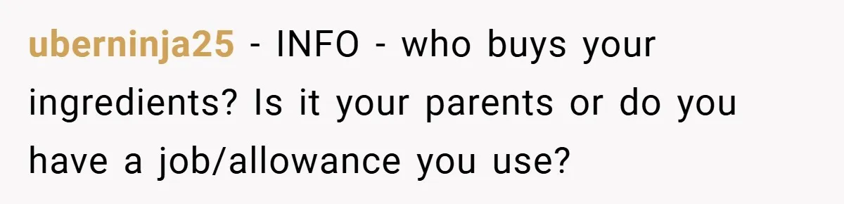 uberninja25 − INFO - who buys your ingredients? Is it your parents or do you have a job/allowance you use?