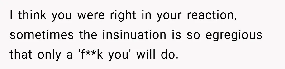 I think you were right in your reaction, sometimes the insinuation is so egregious that only a 'f**k you' will do.