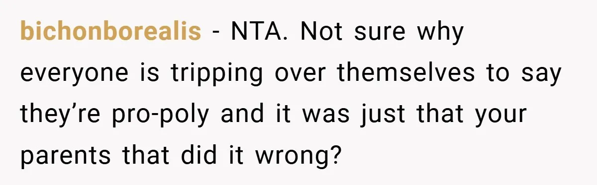 bichonborealis − NTA. Not sure why everyone is tripping over themselves to say they’re pro-poly and it was just that your parents that did it wrong?