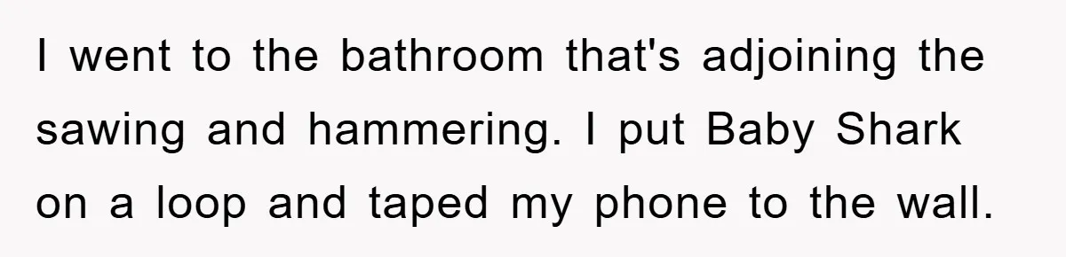 I went to the bathroom that's adjoining the sawing and hammering. I put Baby Shark on a loop and taped my phone to the wall.