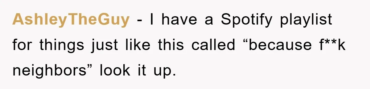 AshleyTheGuy − I have a Spotify playlist for things just like this called “because f**k neighbors” look it up.