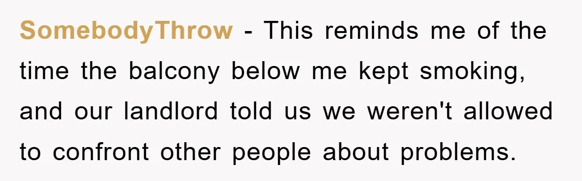 SomebodyThrow − This reminds me of the time the balcony below me kept smoking, and our landlord told us we weren't allowed to confront other people about problems.