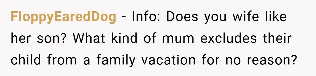 FloppyEaredDog − Info: Does you wife like her son? What kind of mum excludes their child from a family vacation for no reason?