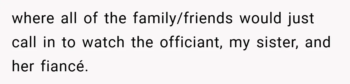 where all of the family/friends would just call in to watch the officiant, my sister, and her fiancé.