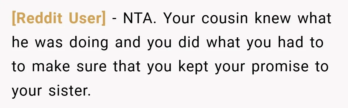 [Reddit User] − NTA. Your cousin knew what he was doing and you did what you had to to make sure that you kept your promise to your sister.