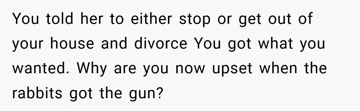You told her to either stop or get out of your house and divorce You got what you wanted. Why are you now upset when the rabbits got the gun?