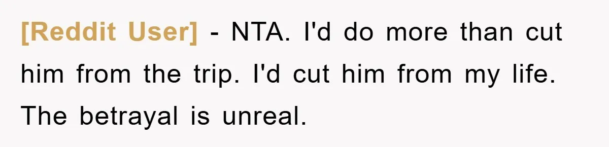 [Reddit User] − NTA. I'd do more than cut him from the trip. I'd cut him from my life. The betrayal is unreal.