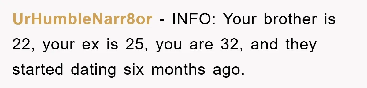 UrHumbleNarr8or − INFO: Your brother is 22, your ex is 25, you are 32, and they started dating six months ago.
