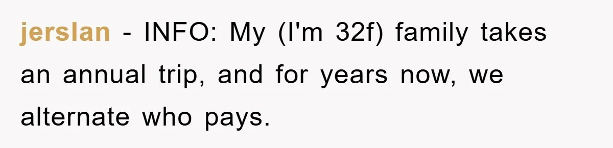 jerslan − INFO: My (I'm 32f) family takes an annual trip, and for years now, we alternate who pays.