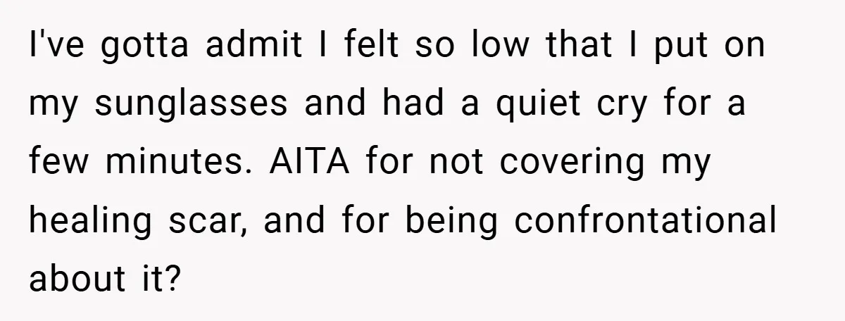 I've gotta admit I felt so low that I put on my sunglasses and had a quiet cry for a few minutes. AITA for not covering my healing scar, and...