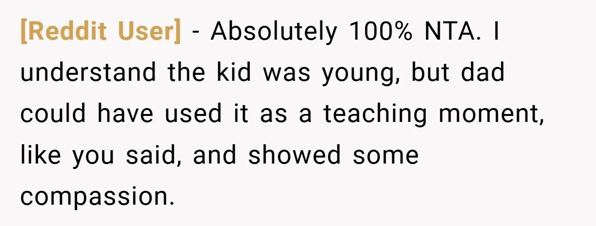 [Reddit User] − Absolutely 100% NTA. I understand the kid was young, but dad could have used it as a teaching moment, like you said, and showed some compassion.