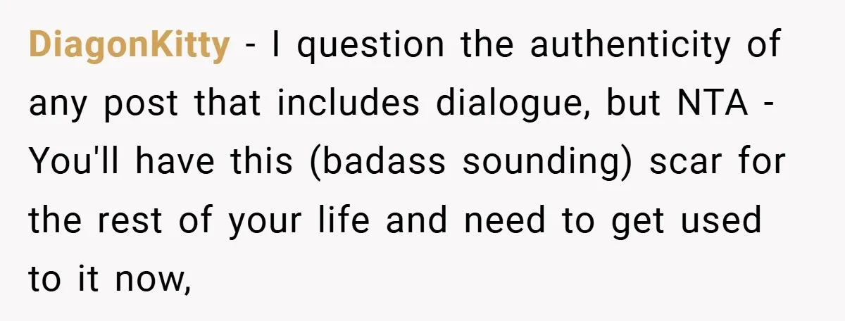 DiagonKitty − I question the authenticity of any post that includes dialogue, but NTA - You'll have this (badass sounding) scar for the rest of your life and need to...