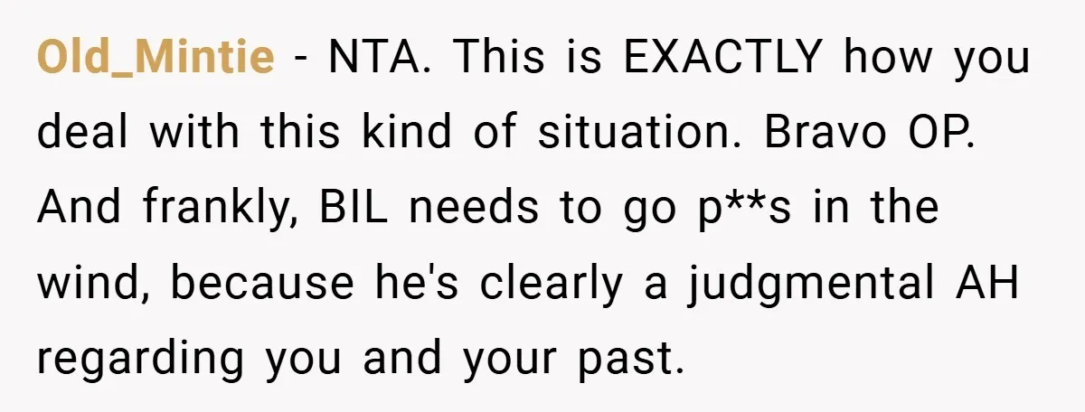 Old_Mintie − NTA. This is EXACTLY how you deal with this kind of situation. Bravo OP. And frankly, BIL needs to go p**s in the wind, because he's clearly a...
